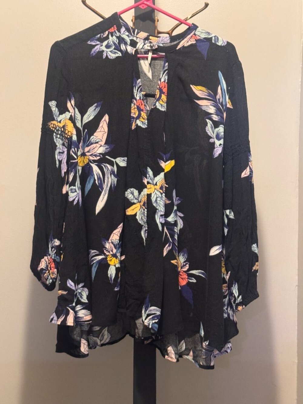 Free People Black Floral Tunic Blouse XS Crochet Detail Boho Top